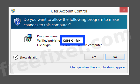 Screenshot where CSM GmbH appears as the verified publisher in the UAC dialog